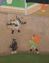 LARGE 6 PANEL SCREEN WITH GENRE PAINTING