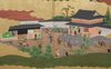 LARGE 6 PANEL SCREEN WITH GENRE PAINTING