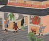 LARGE 6 PANEL SCREEN WITH GENRE PAINTING