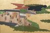 LARGE 6 PANEL SCREEN WITH GENRE PAINTING