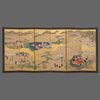 LARGE 6 PANEL BYOBU WITH GENRE PAINTING ON GOLD