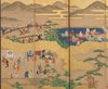 LARGE 6 PANEL BYOBU WITH GENRE PAINTING ON GOLD
