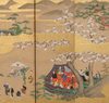 LARGE 6 PANEL BYOBU WITH GENRE PAINTING ON GOLD