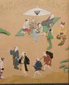 LARGE 6 PANEL BYOBU WITH GENRE PAINTING ON GOLD