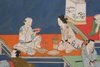 LARGE 6 PANEL BYOBU WITH GENRE PAINTING ON GOLD