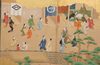 LARGE 6 PANEL BYOBU WITH GENRE PAINTING ON GOLD