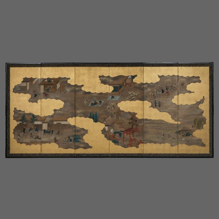 TALL 6-PANEL BYÔBU 屏風 (FOLDING SCREEN) WITH FÛZOKU-GA 風俗画 (GENRE PAINTING)