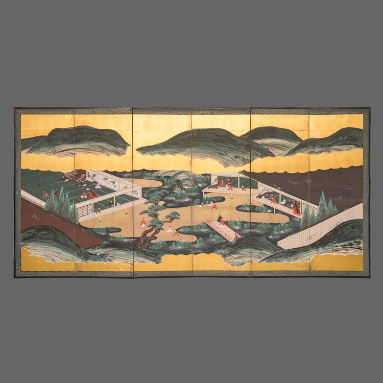 SIX PANEL SCREEN DEPICTING THE TALE OF GENJI
