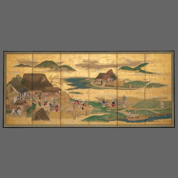 6 PANEL SCREEN WITH MOUNTAIN VILLAGE SCENE