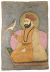 A PORTRAIT OF GURU NANAK DEV JI HOLDING A FALCON PUNJAB PLAINS, NORTH INDIA, 19TH CENTURY OPAQUE WATERCOLOUR AND GOLD PIGMENTS ON TEXTILE
