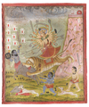 DURGA SLAYS THE BUFFALO DEMON (MAHISHASURA MARDINI) PICCHVAI PAINTING NATURAL PIGMENTS ON CLOTH, 19TH CENTURY JODHPUR SCHOOL, RAJASTHAN, INDIA