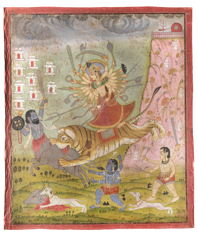 DURGA SLAYS THE BUFFALO DEMON (MAHISHASURA MARDINI) PICCHVAI PAINTING NATURAL PIGMENTS ON CLOTH, 19TH CENTURY JODHPUR SCHOOL, RAJASTHAN, INDIA