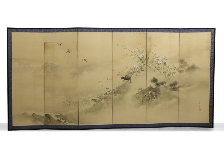 JAPANESE SIX-PANEL SCREEN WITH LANDSCAPE AND BIRDS,MEIJI PERIOD (1868–1912)