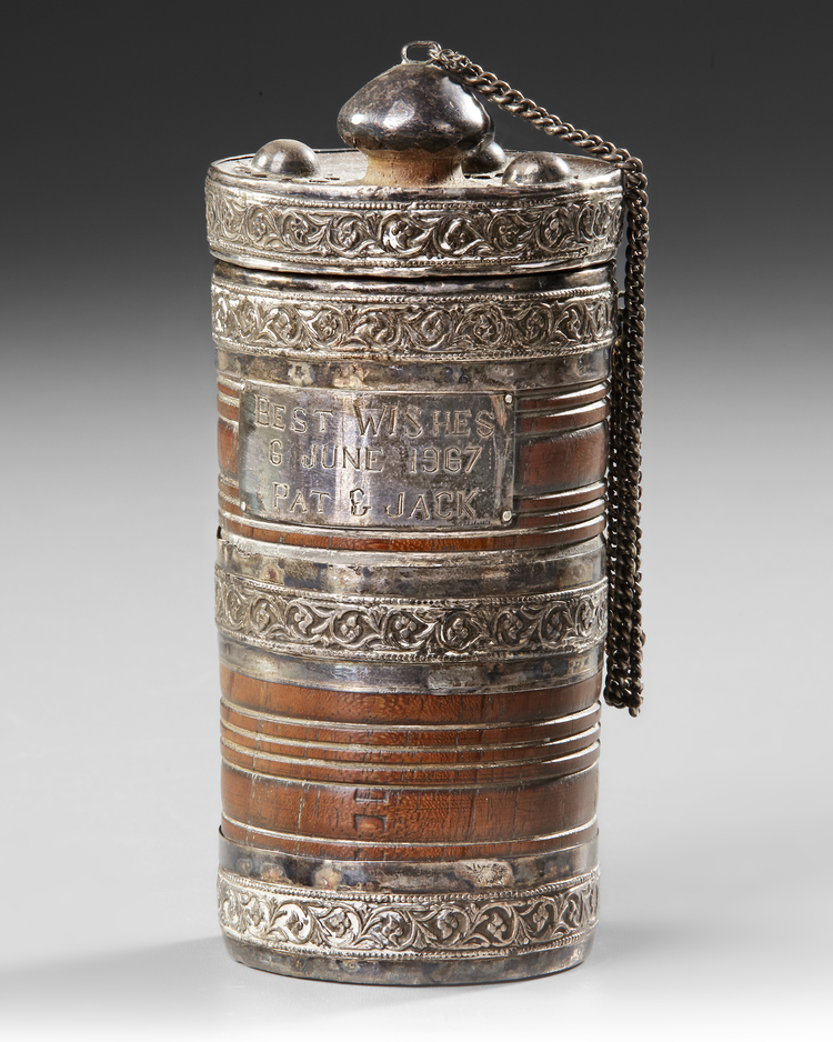 SILVER AND WOOD CONTAINER, 19TH CENTURY