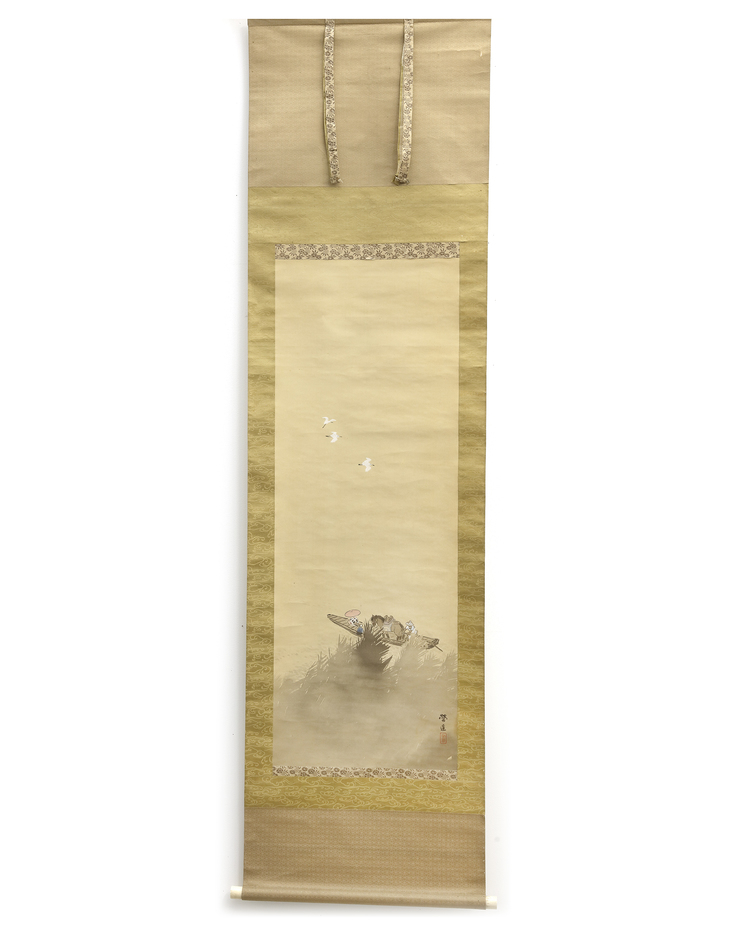 JAPANESE SCROLL PAINTING – TRAVELERS WITH HORSE