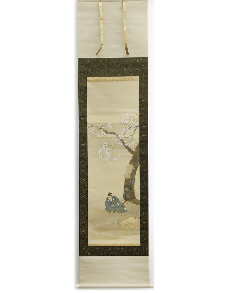 JAPANESE SCROLL PAINTING – SAMURAI UNDER CHERRY BLOSSOMS