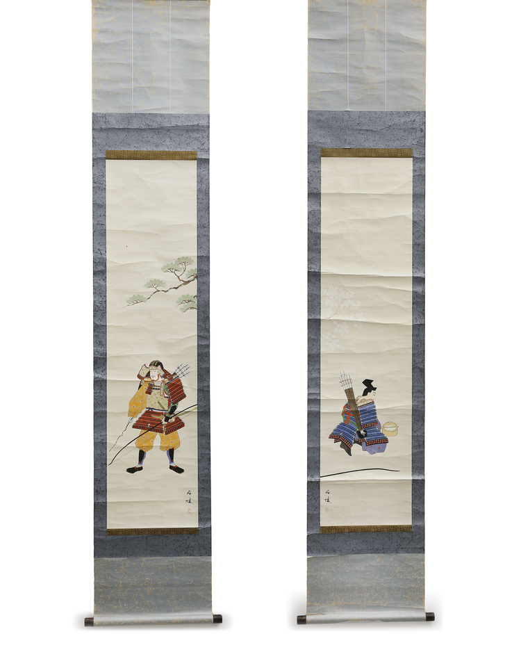 PAIR OF JAPANESE SCROLL PAINTINGS – SAMURAI WARRIORS