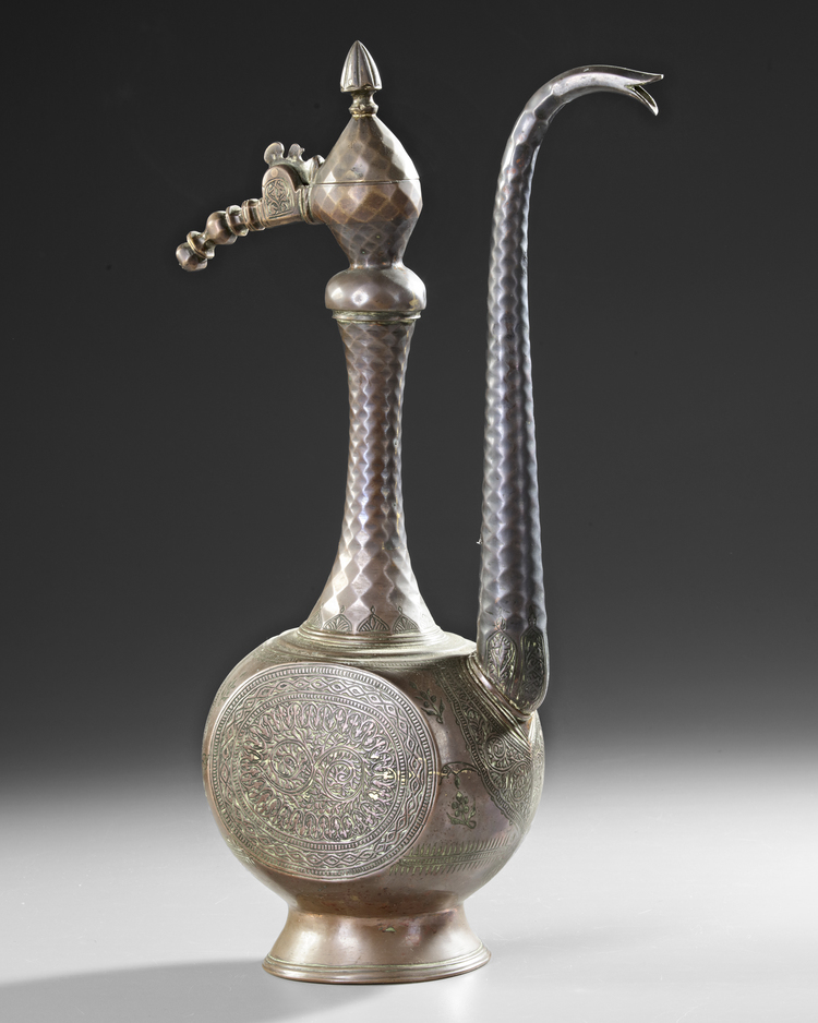 A PERSIAN BRASS AFTABA WATER PITCHER / EWER, 19TH CENTURY