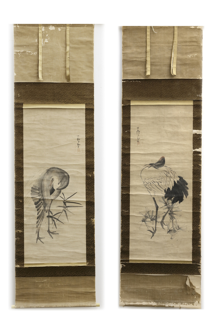 PAIR OF JAPANESE SCROLL PAINTINGS – CRANES AND BAMBOO