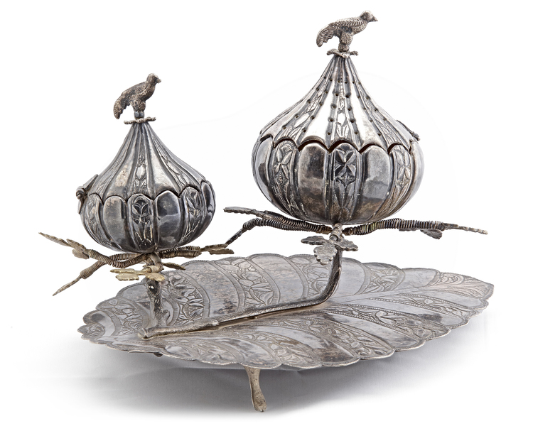 AN OTTOMAN SILVER INCENSE BURNER WITH PEAR-SHAPED BOXES