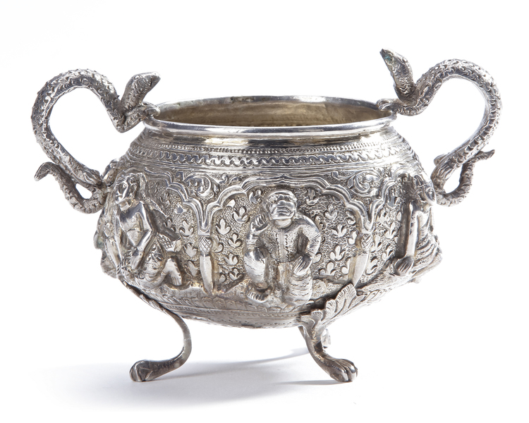 AN ISLAMIC SILVER BOWL WITH SNAKE HANDLES, INDIA, 19TH CENTURY