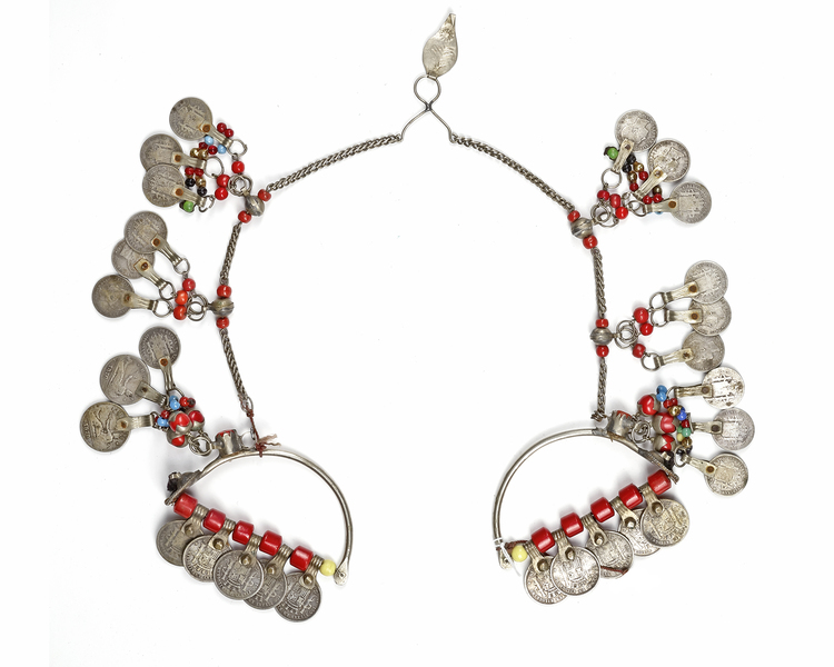 A TRADITIONAL COIN HEADDRESS WITH COLORFUL BEADS, MOROCCO, 19TH CENTURY