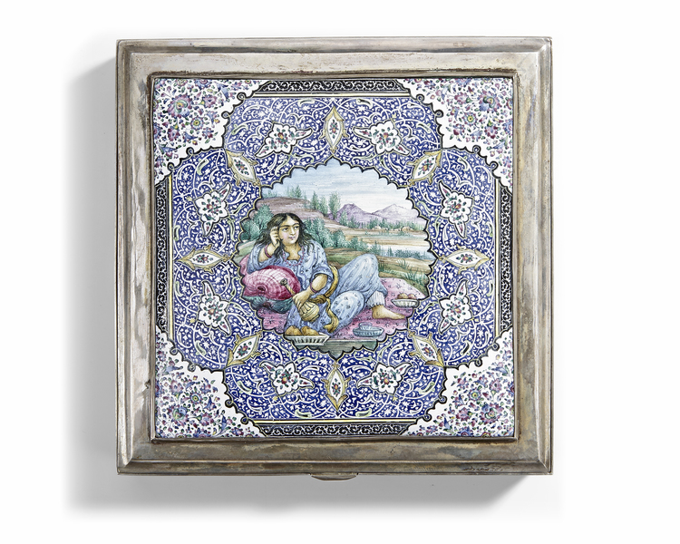 A SILVER SQUARE BOX DEPICTING A LADY, PERSIA, 19TH CENTURY