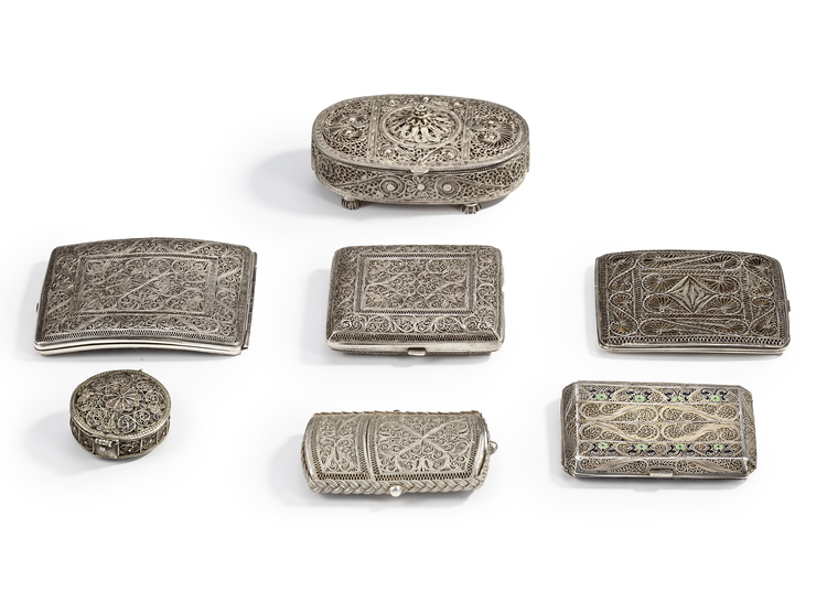 SEVEN OTTOMAN SILVER FILIGREE BOXES, 19TH CENTURY