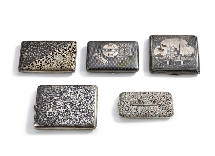 A COLLECTION OF FIVE OTTOMAN SILVER BOXES, 19TH CENTURY