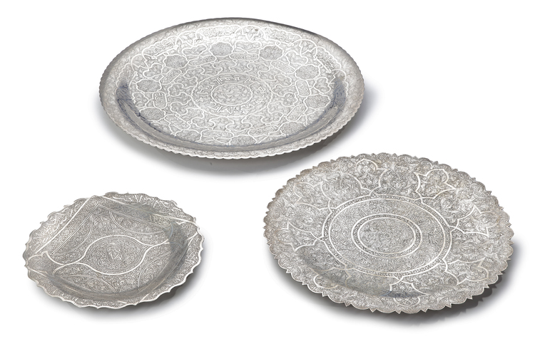 THREE SILVER PLATES, EGYPT, 20TH CENTURY