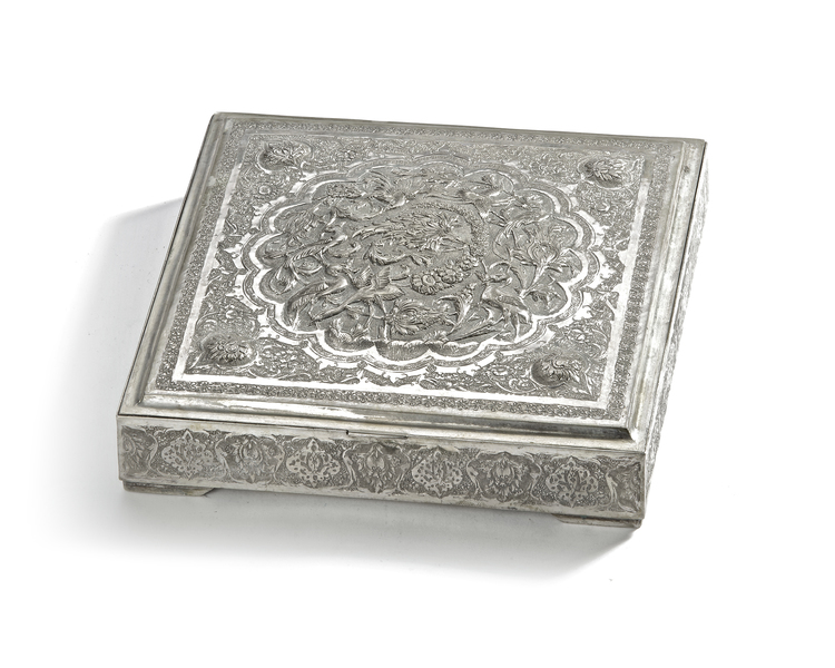 A PERSIAN SILVER SQUARE BOX, 19TH CENTURY