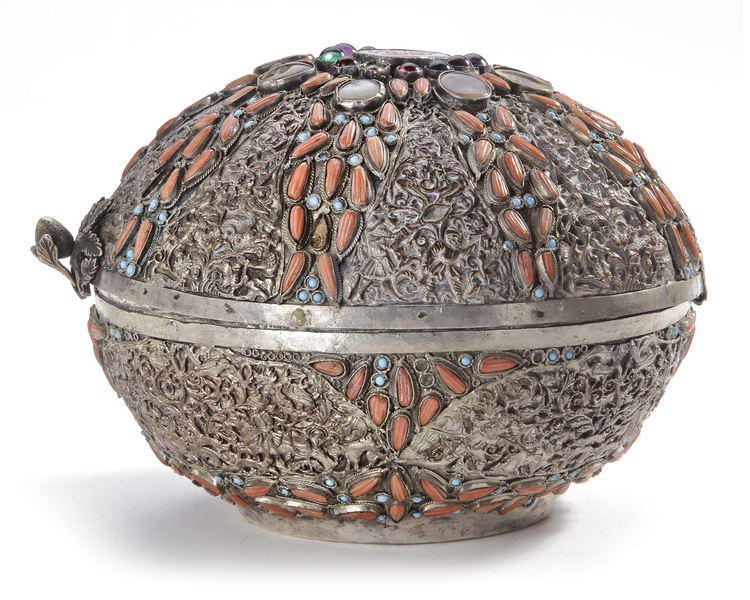 A SILVER OTTOMAN BOX INLAID WITH CORAL AND TURQUOISE, 19TH CENTURY