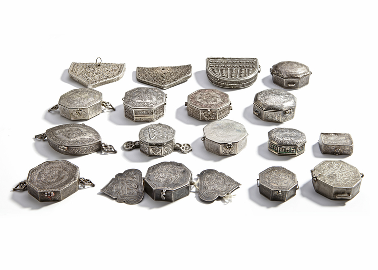 A COLLECTION OF SEVENTEEN ISLAMIC SILVER BOXES, 19TH CENTURY