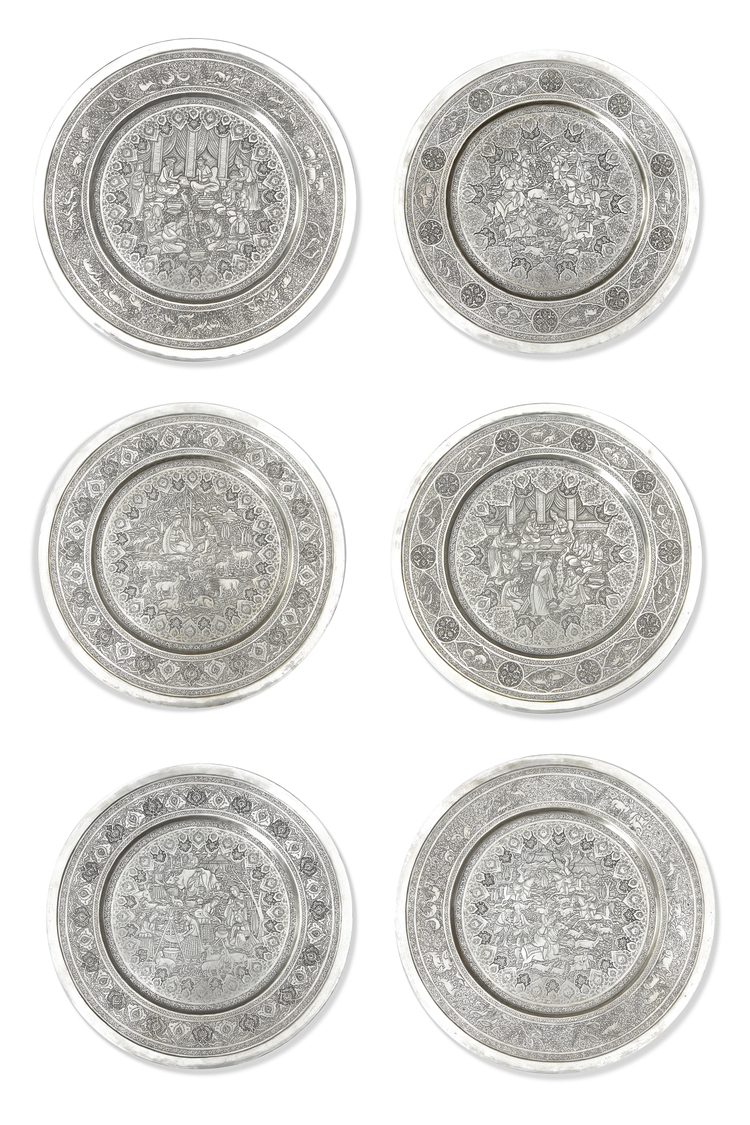 SIX PERSIAN SILVER PLATES SIGNED BY LAHIJI, Circa 1900
