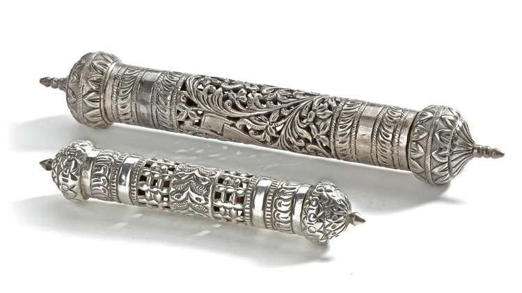 TWO OTTOMAN SILVER PIERCED SCROLL CASES, 19TH CENTURY