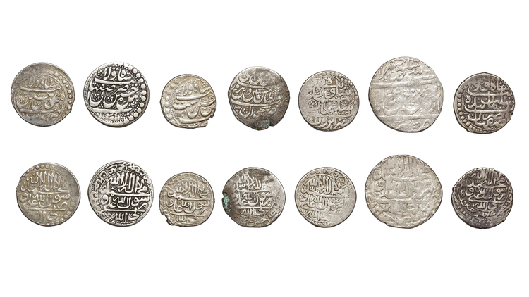 SAFAVID, TEMP.  SULEIMAN I AND SULTAN HUSAYN, SEVEN SILVER COINS, DATED