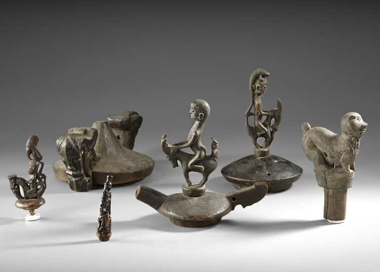 Sumatra. A collection of Batak lids and stoppers.