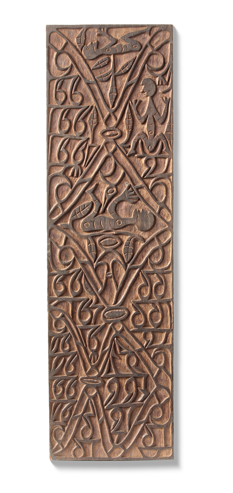 Asmat panel in relief with typical motifs. Collected in the 1970’s by Jac Hoogerbrugge.