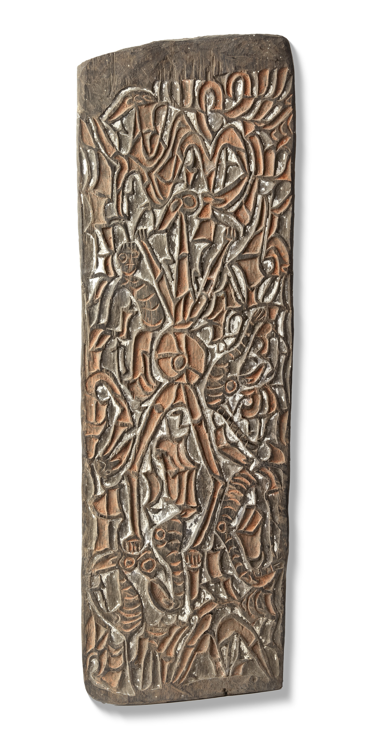 Asmat panel in relief with typical motifs. Collected in the 1970’s by Jac Hoogerbrugge.