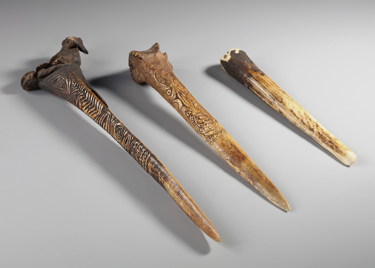 Two cassowary bone daggers and one bone implement. Collected by Jac Hoogerbrugge in the 1960’s.