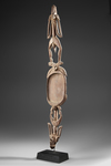 Asmat ceremonial dish with two ancestor figures. One male and one female. Collected by Jac Hoogerbrugge in the 1960’s or 1970’s. On a custom made stand.