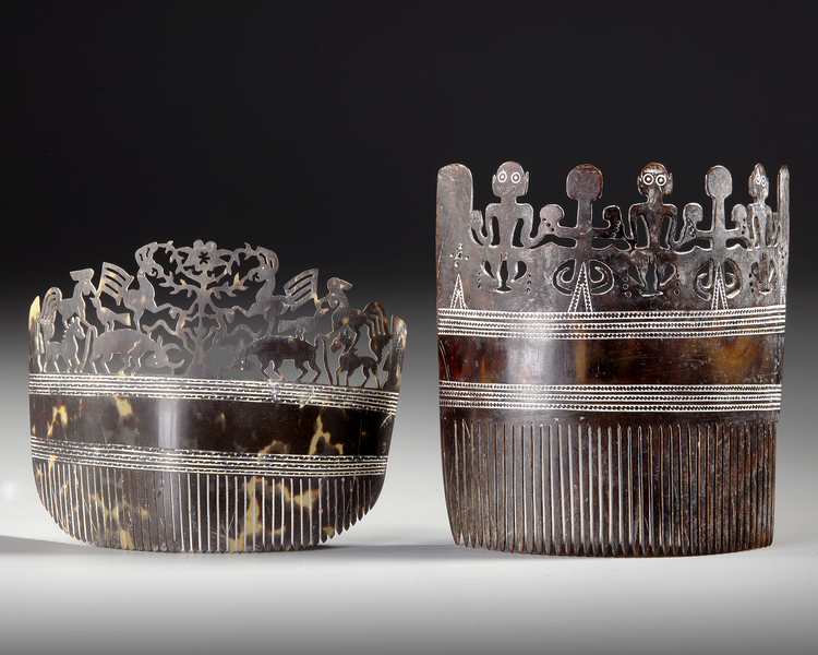 Sumba two ornamental combs in turtle shell from the collection of Jac Hoogerbrugge.