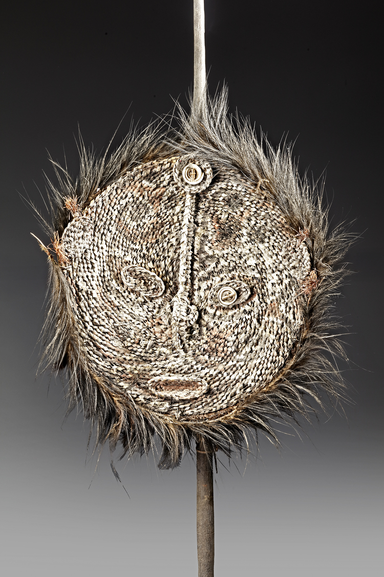 Woven Sepik dancing mask on stick. Collected by Jac Hoogerbrugge in the 1960’s or 1970’s in the village or Burni (?).