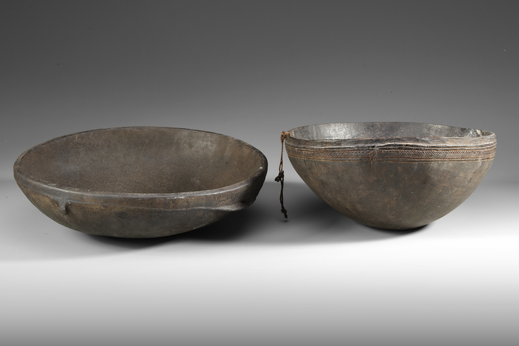 Two old and well used bowls from the collection of Jac Hoogerbrugge. Probably from Boiken, Prince Alexander Mountains province.