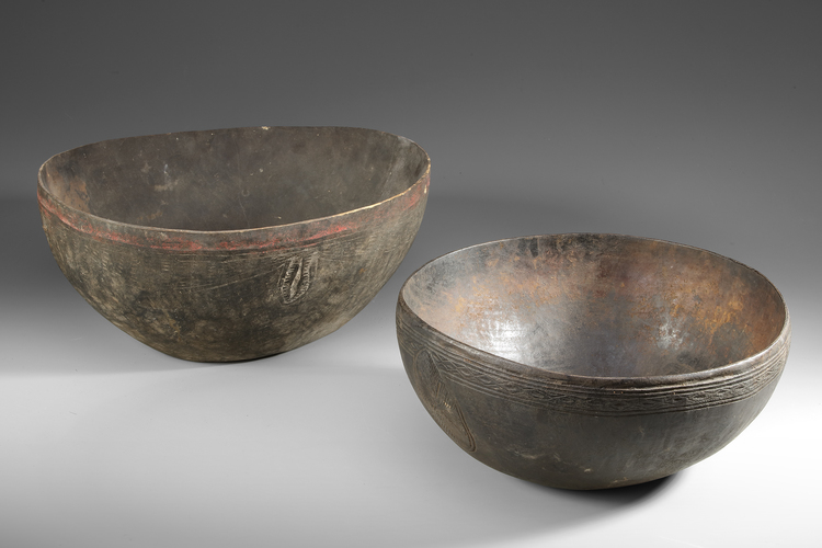 Two old and well used bowls from the collection of Jac Hoogerbrugge. Probably from Boiken, Prince Alexander Mountains province.