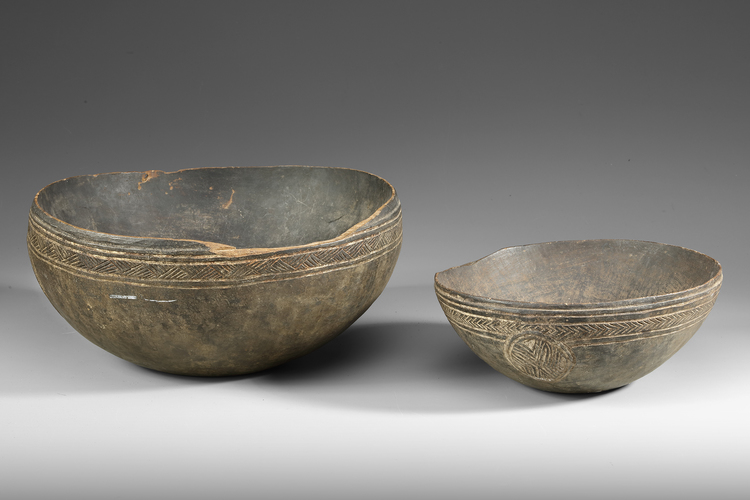 Two old and well used bowls from the collection of Jac Hoogerbrugge. Probably from Boiken, Prince Alexander Mountains province.