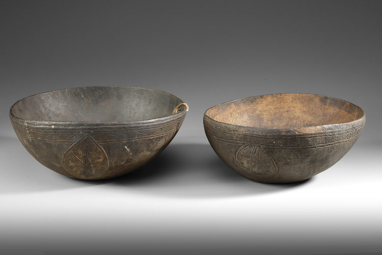 Two old and well used bowls from the collection of Jac Hoogerbrugge. Probably from Boiken, Prince Alexander Mountains province.