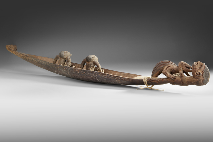 Asmat. Bowl with two figures in it. Collected by Jac Hoogerbrugge april 4th 1970 in Otsjanep. Carved by Tamti. See the Hoogerbrugge collection note.
