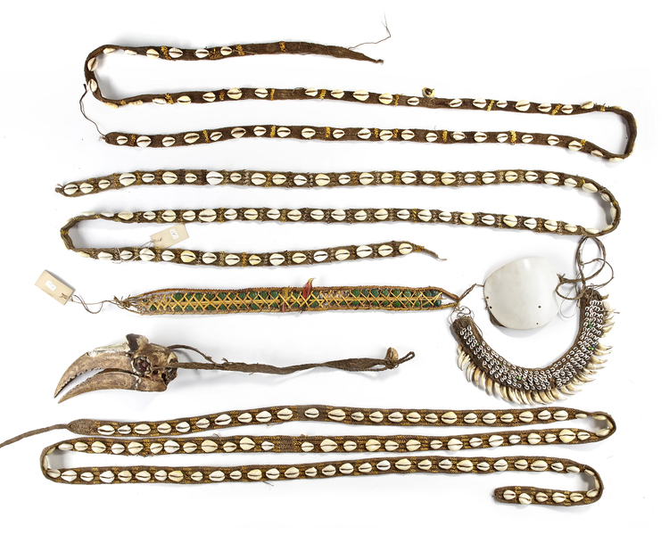 Lot adornments mostly from the Highlands. Among others a beetle decorated headband, a hornbill beak necklace and a dog tooth collar. All from the collection of Jac Hoogerbrugge.