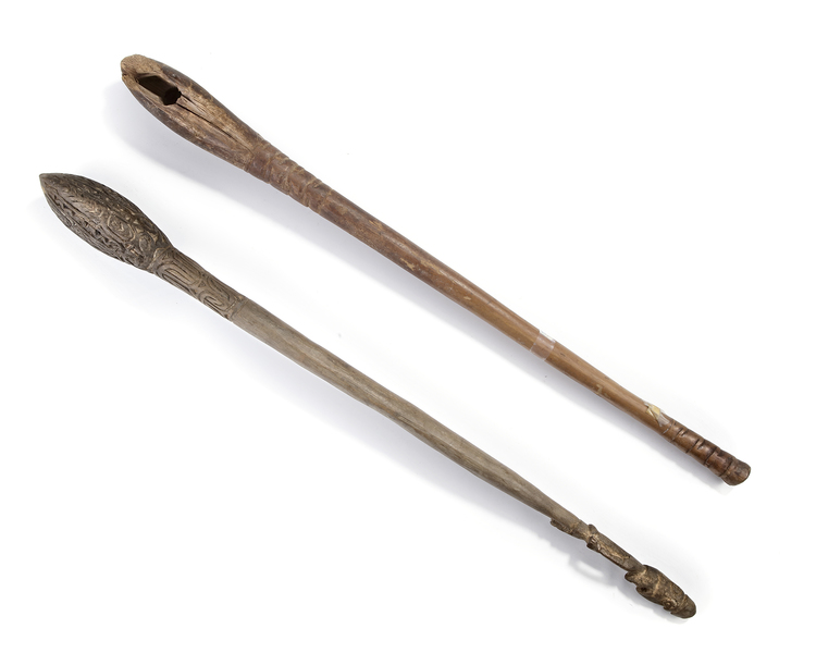 Axe handle from the Casuarina coast with finely decorated shaft and wonderful ancestor figure at the end. Collected by Jac Hoogerbrugge